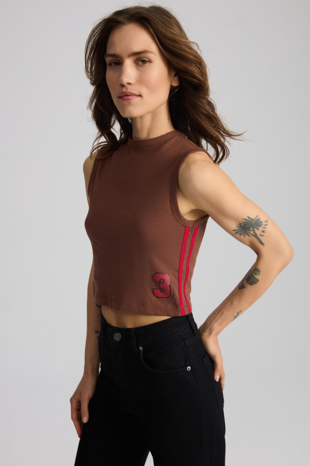 YESLIN %100 Pamuk Kadın Kahverengi T-Shirt