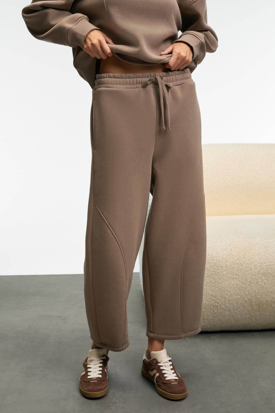 YUVESSA Kadın Oversize Kordonlu Çift Cepli Balon Vizon Eşofman Altı