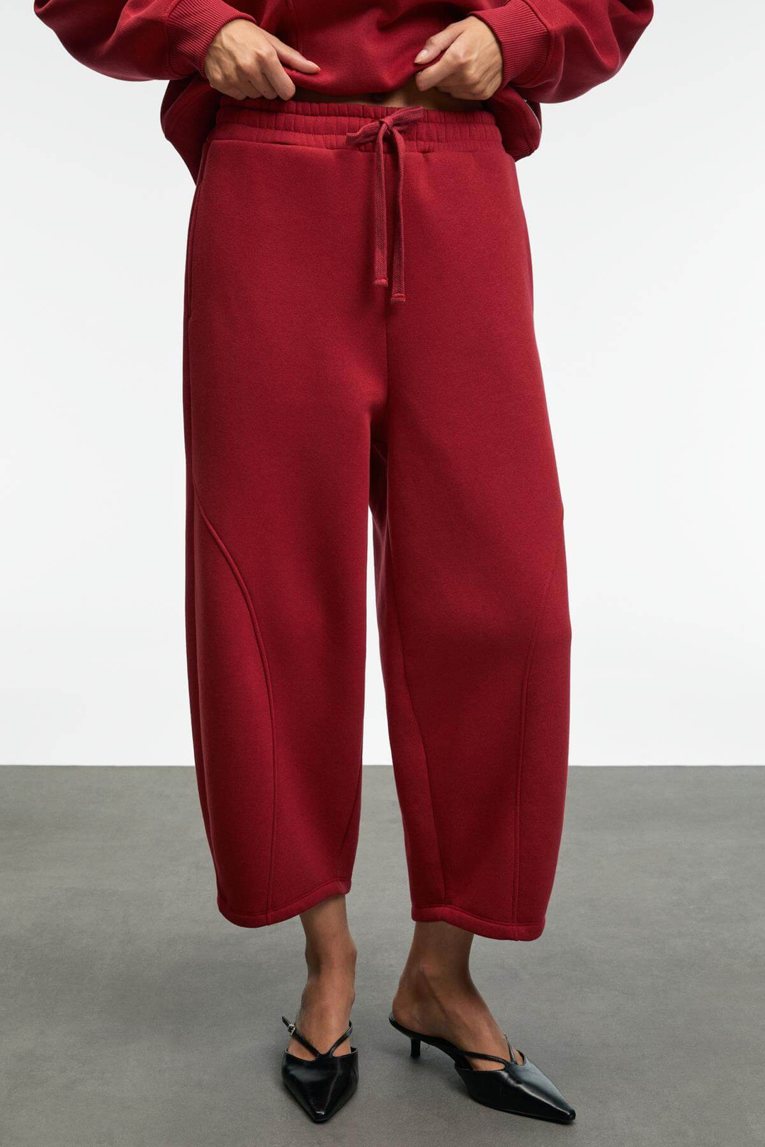 YUVESSA Kadın Oversize Kordonlu Çift Cepli Balon Kırmızı Eşofman Altı