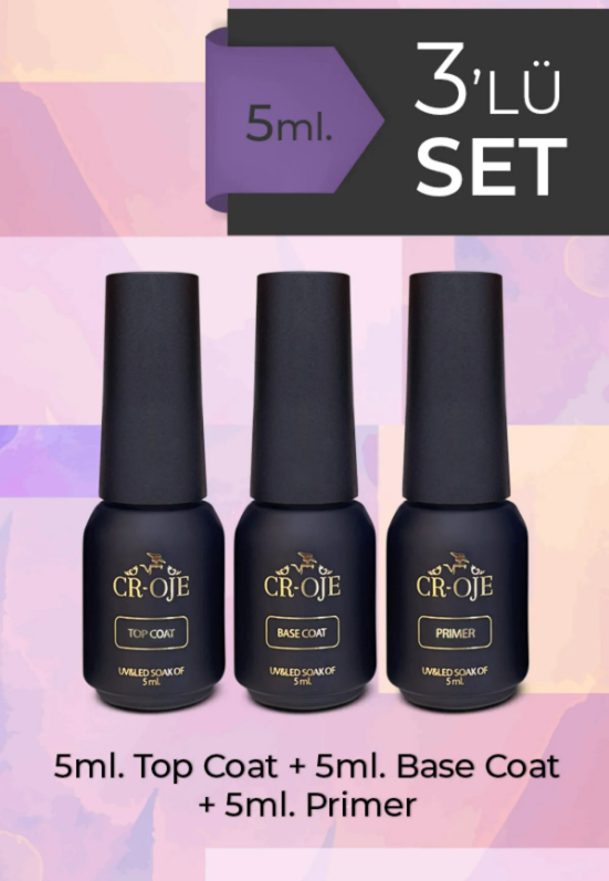 Kalıcı Oje Protez Tırnak Top Coat, Pro Rubber Base Coat, Primer 3lü Set