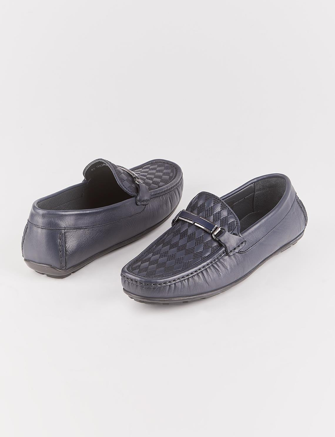 Baklava Desenli Hakiki Deri Lacivert Erkek Loafer