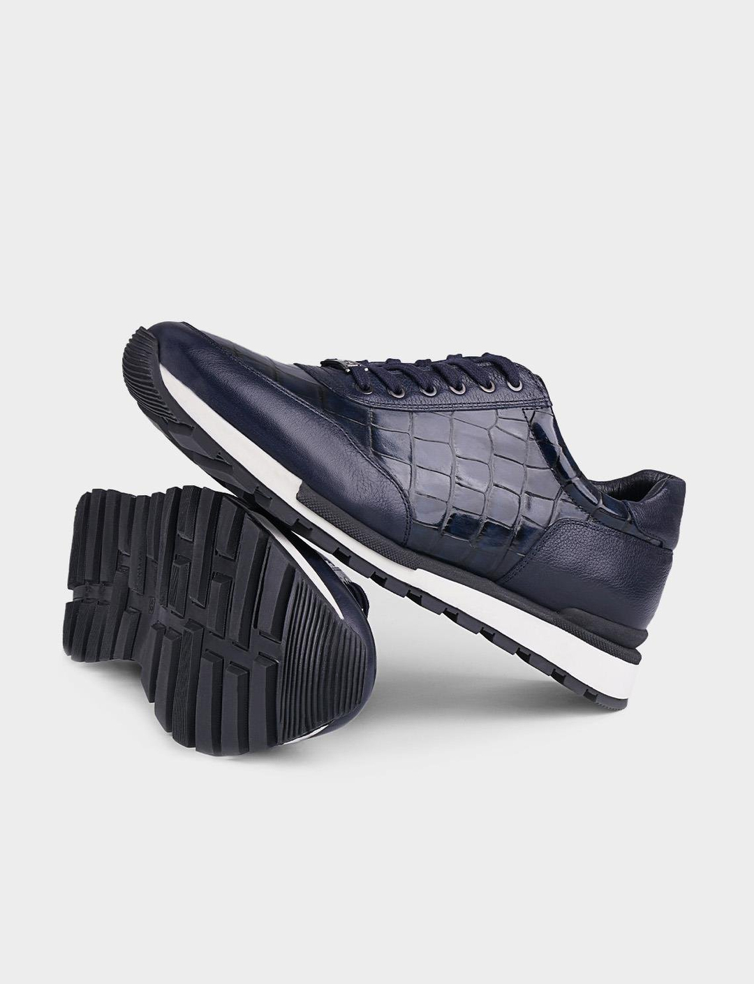 Croco Baskılı Hakiki Deri Lacivert Bağcıklı Erkek Spor Ayakkabı