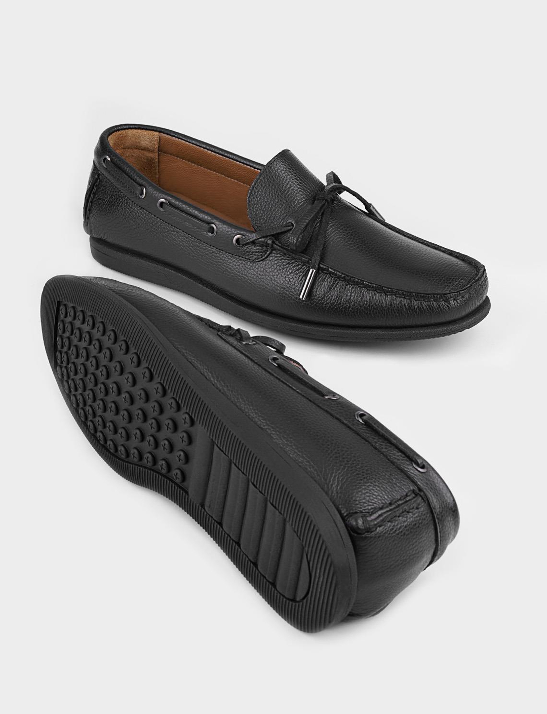 Erkek Hakiki Deri Bağcık Detaylı Siyah Loafer Ayakkabı