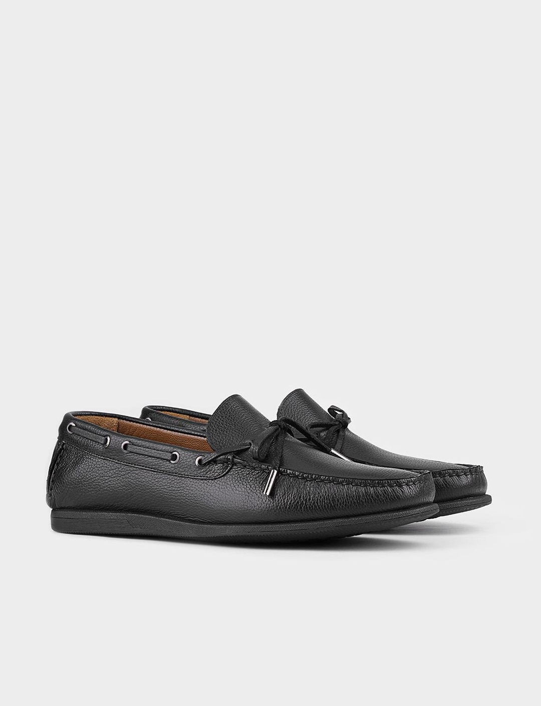 Erkek Hakiki Deri Bağcık Detaylı Siyah Loafer Ayakkabı