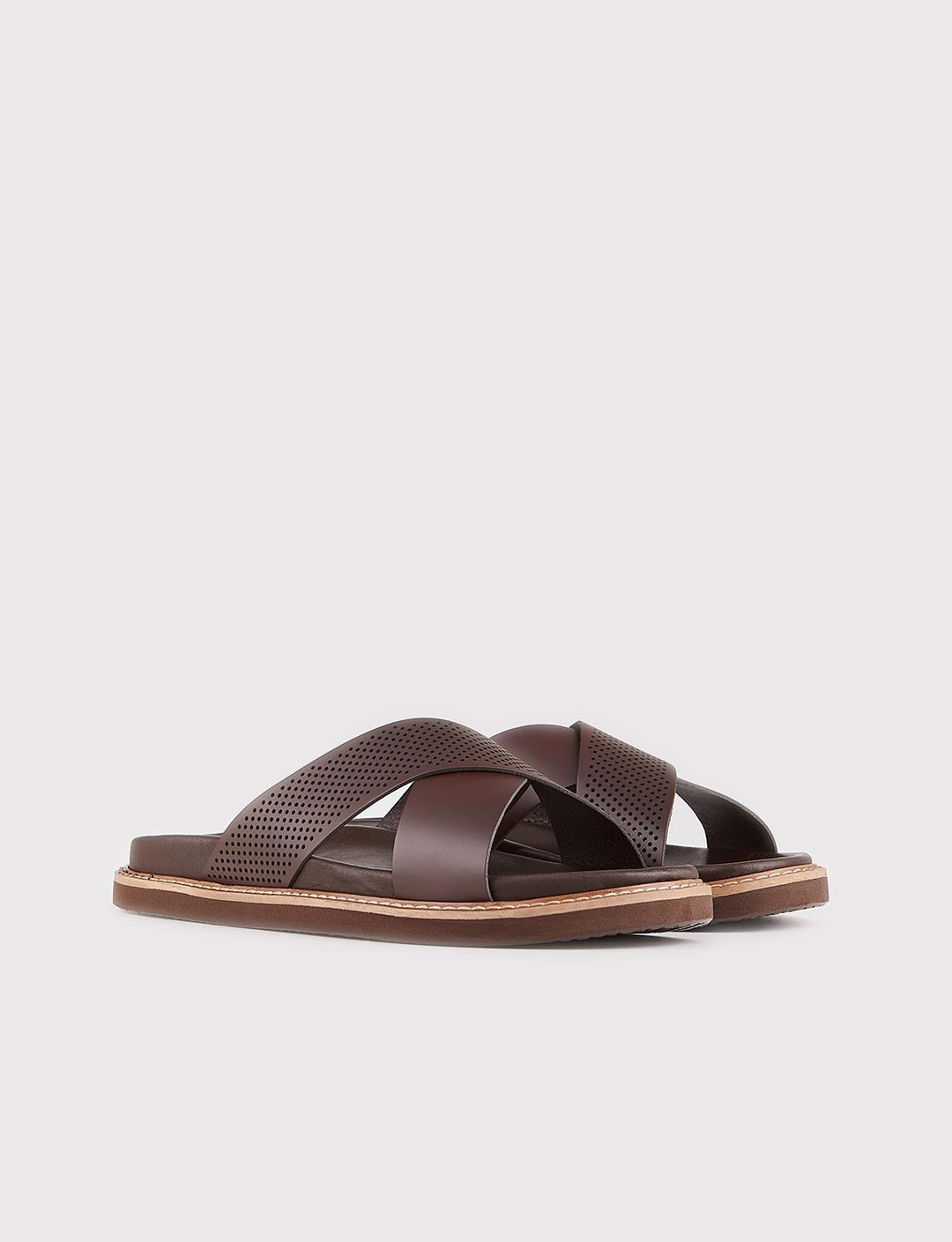 Erkek Hakiki Deri Çapraz Bantlı Kahverengi Terlik