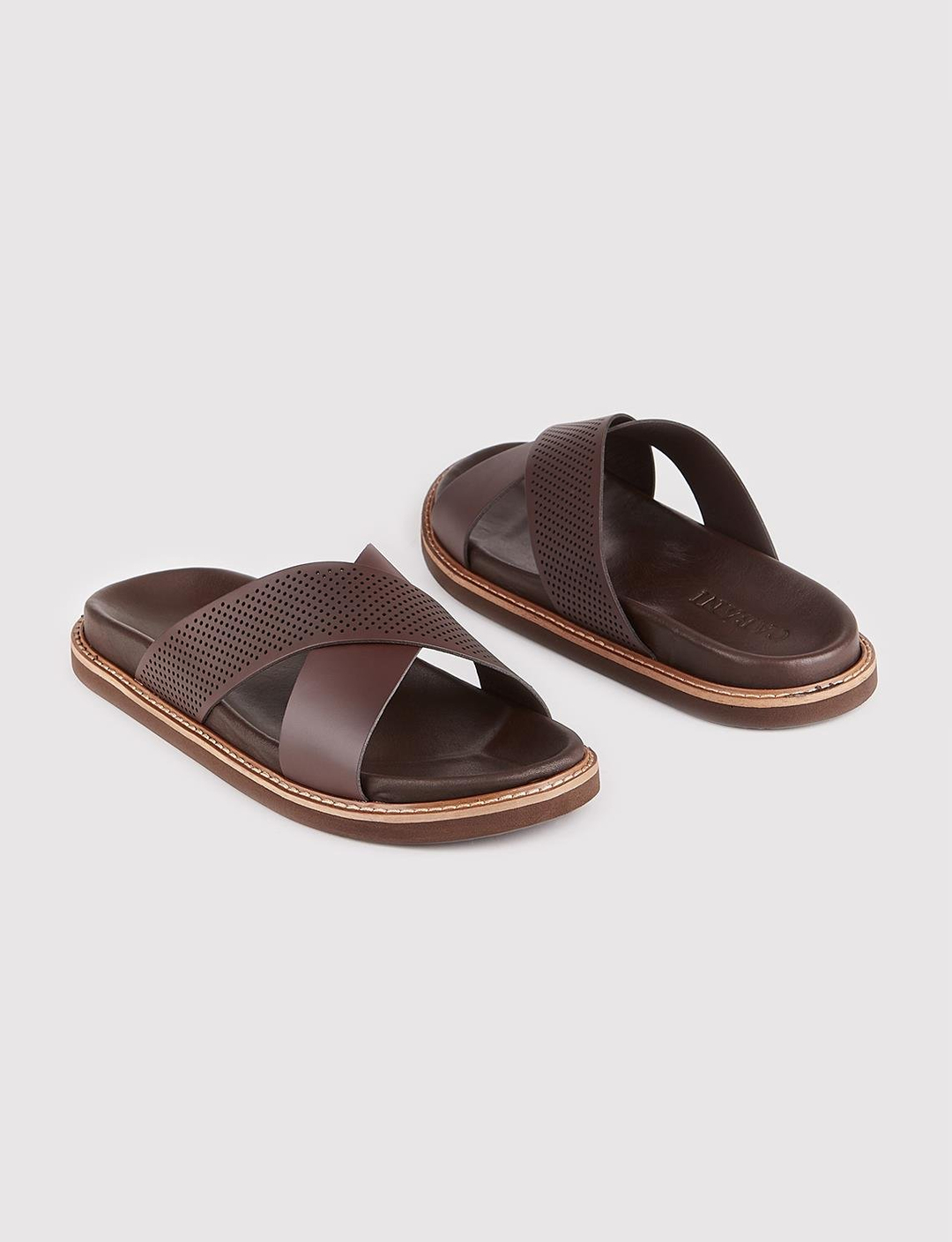 Erkek Hakiki Deri Çapraz Bantlı Kahverengi Terlik