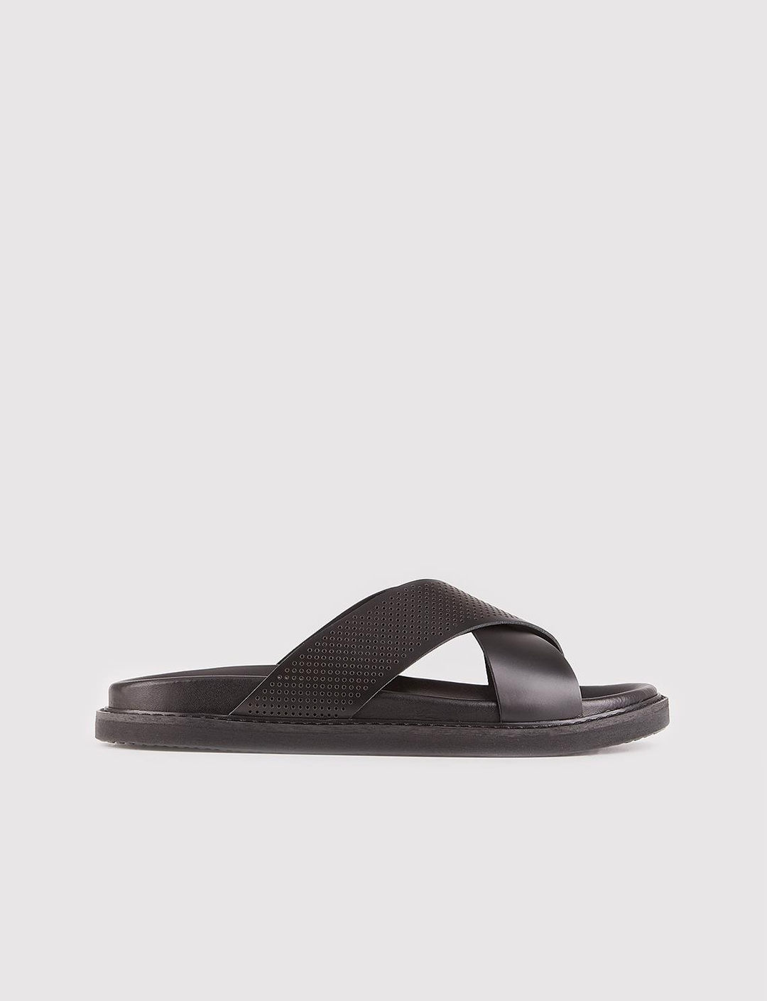 Men Black Genuine Leather Cross Slides Slippers