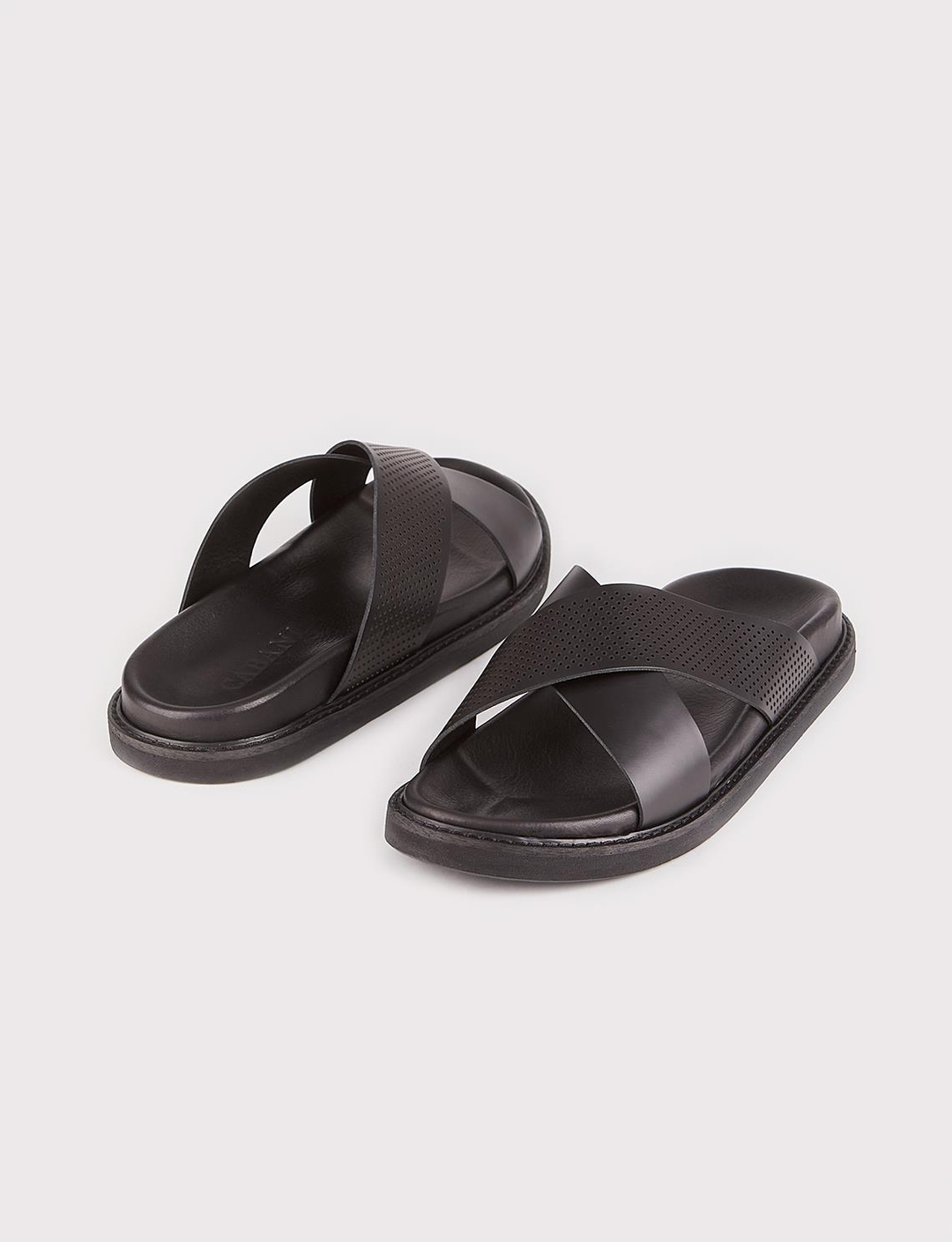 Men Black Genuine Leather Cross Slides Slippers