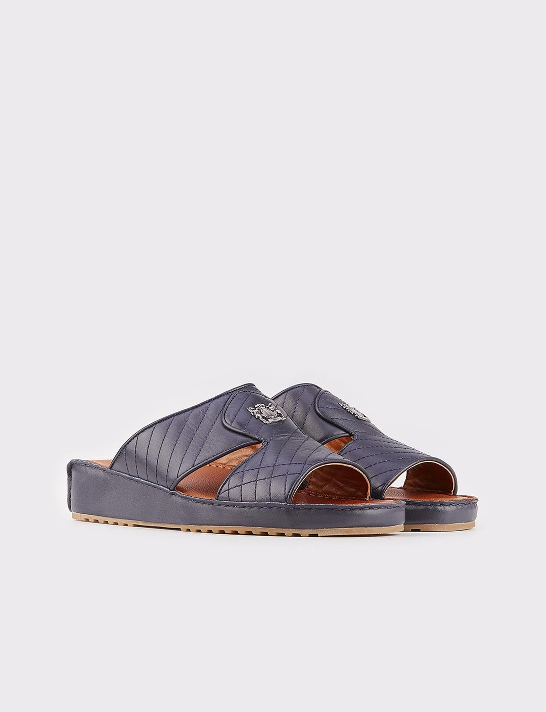 Erkek Hakiki Deri Logo Aksesuarlı Lacivert Terlik