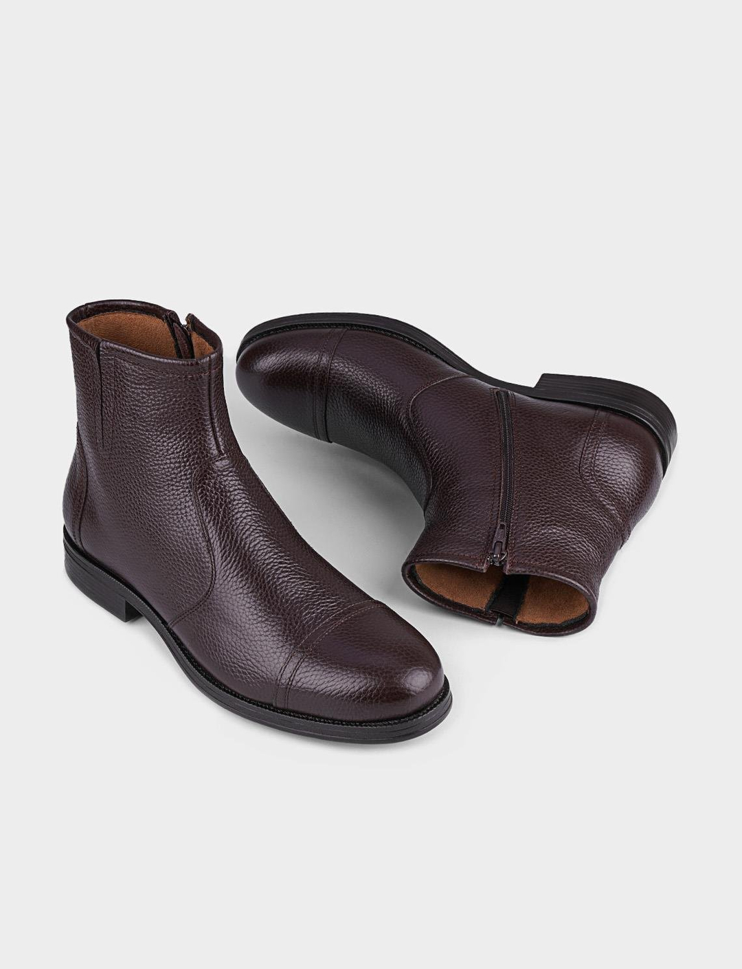 Fermuarlı Hakiki Deri Kahverengi Erkek Günlük Bot