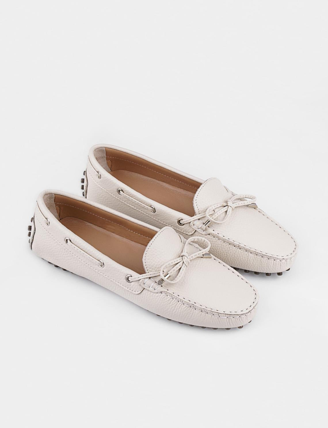 Fiyonk Bağcıklı Hakiki Deri Bej Kadın Loafer Ayakkabı