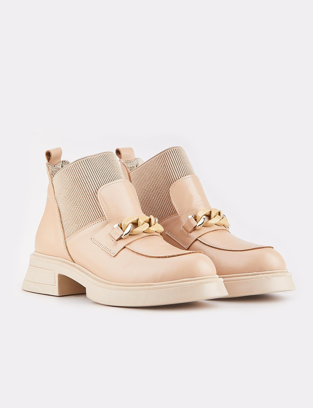 Hakiki Deri Bej Kadın Topuklu Bot