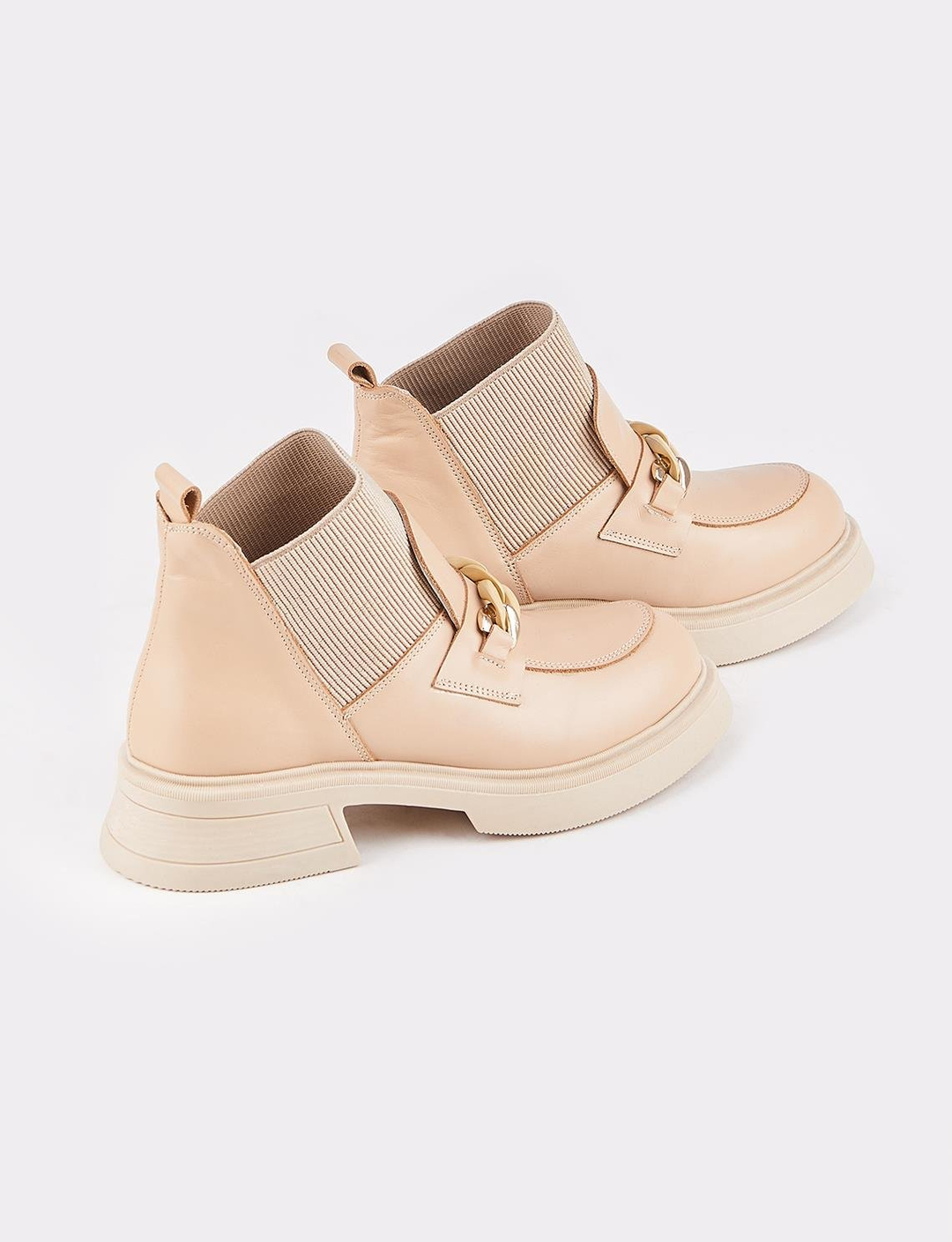 Hakiki Deri Bej Kadın Topuklu Bot