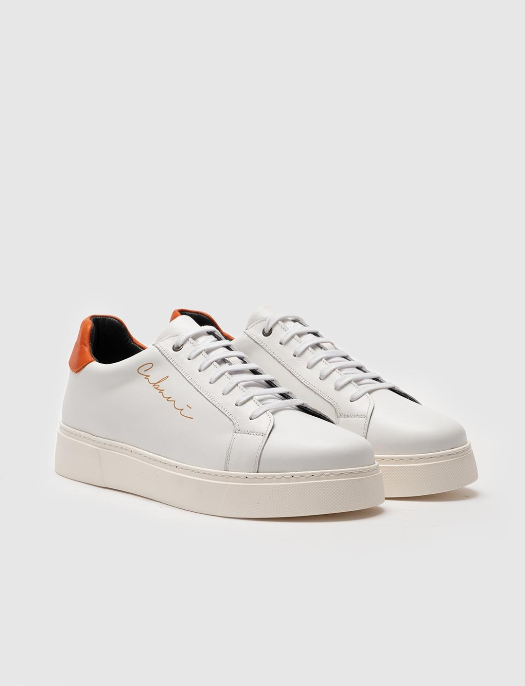 Hakiki Deri Beyaz-Turuncu Bağcıklı Erkek Spor Ayakkabı