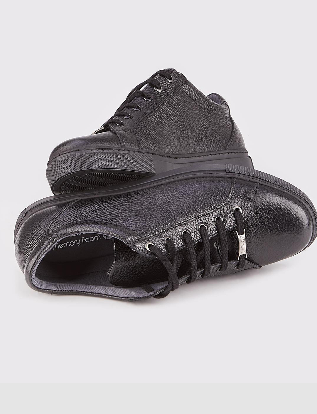 Men Black Genuine Leather Lace Up Sneakers