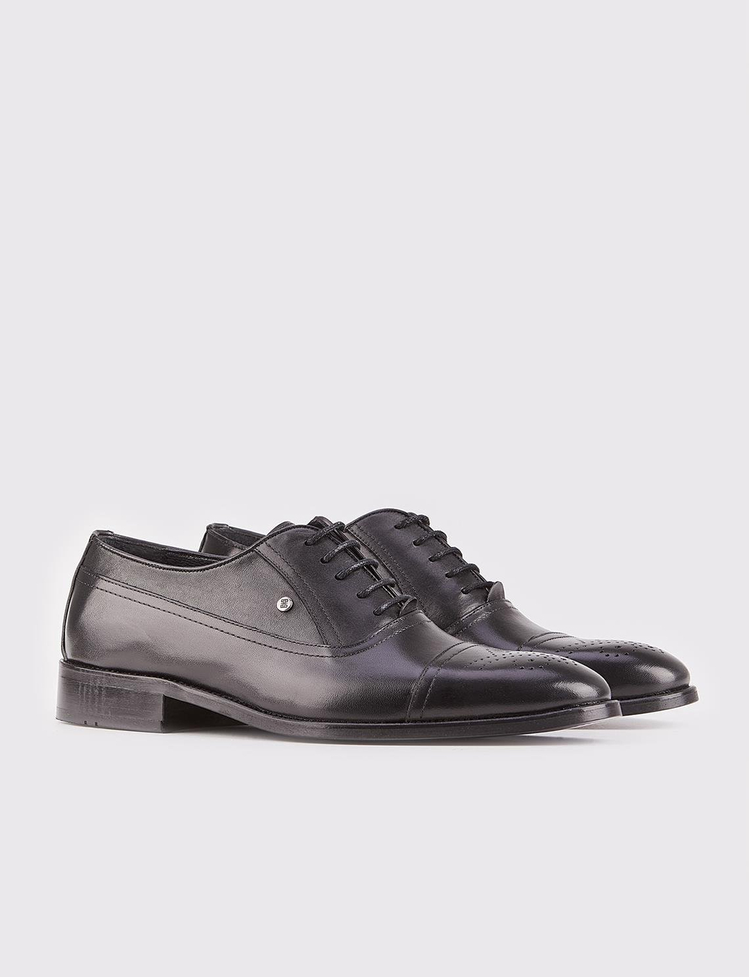 Men Black Genuine Leather Cap Toe Dress Shoes