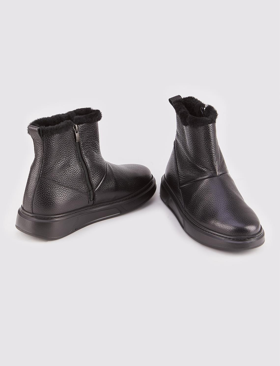 Hakiki Deri Eva Taban Siyah Kürklü Fermuarlı Erkek Günlük Bot