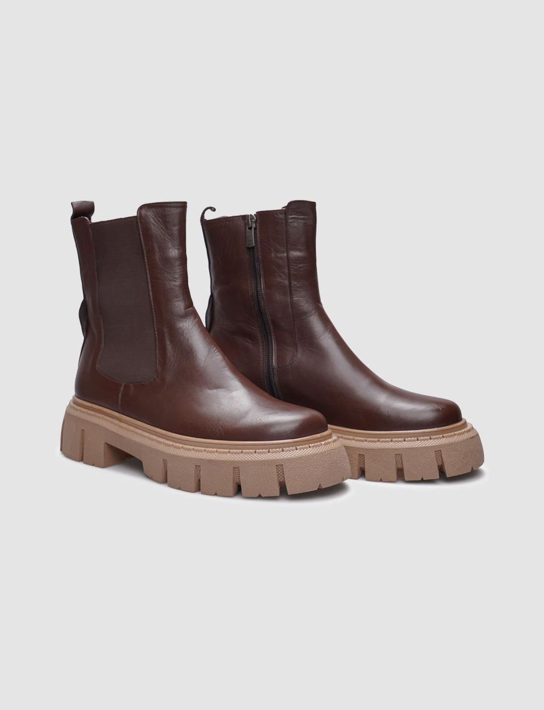 Hakiki Deri Fermuarlı Kahverengi Kadın Günlük Bot