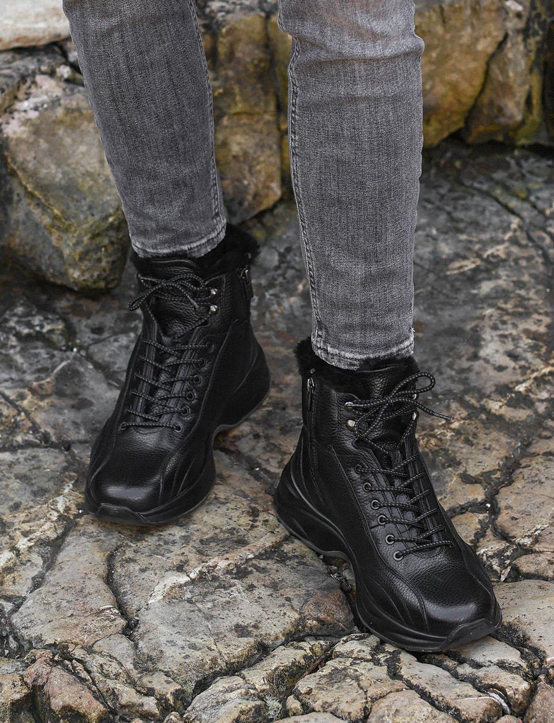 Genuine Leather Black Furry Casual Boots