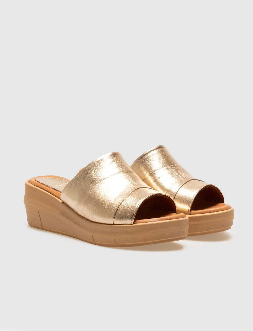 Women Gold Genuine Leather Wedge Slides