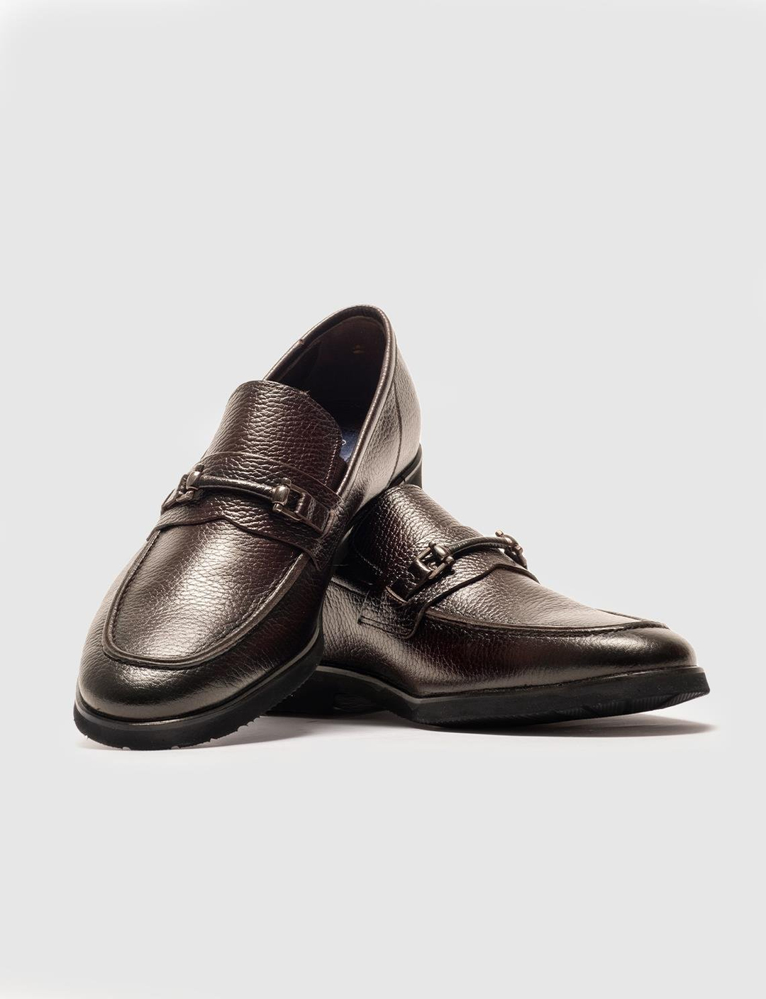 Men Brown Genuine Leather Metal Decor Slip On Shoes