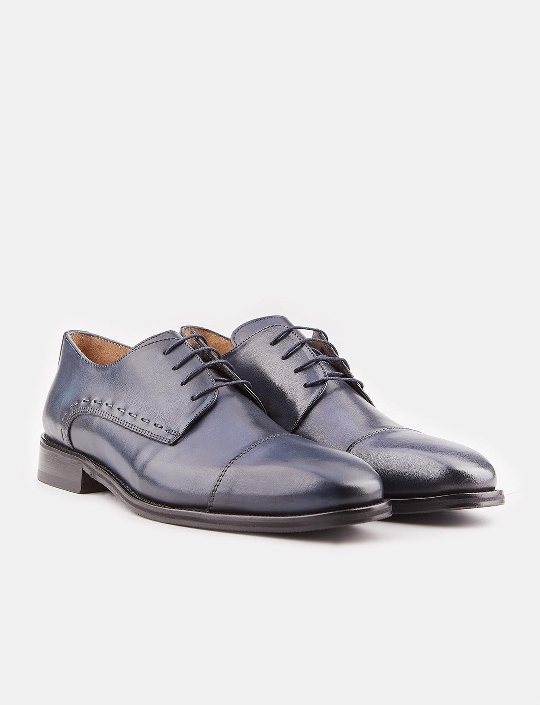 Hakiki Deri Kauçuk Tabanlı Lacivert Bağcıklı Erkek Klasik Ayakkabı