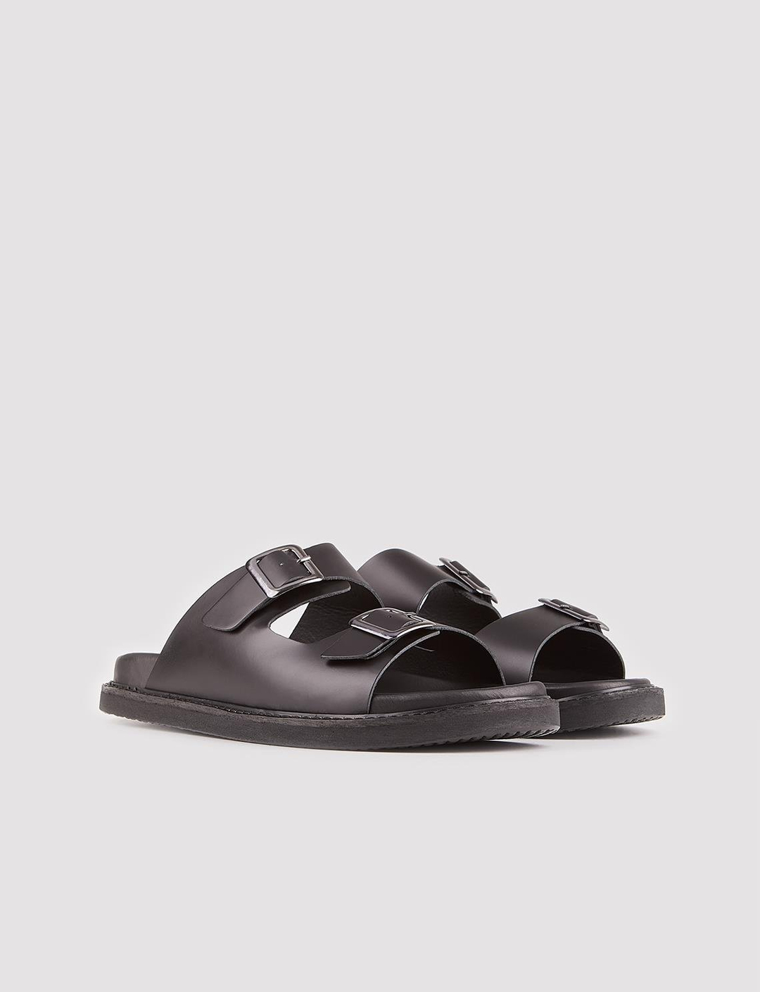 Men Black Genuine Leather Double Slide Slippers