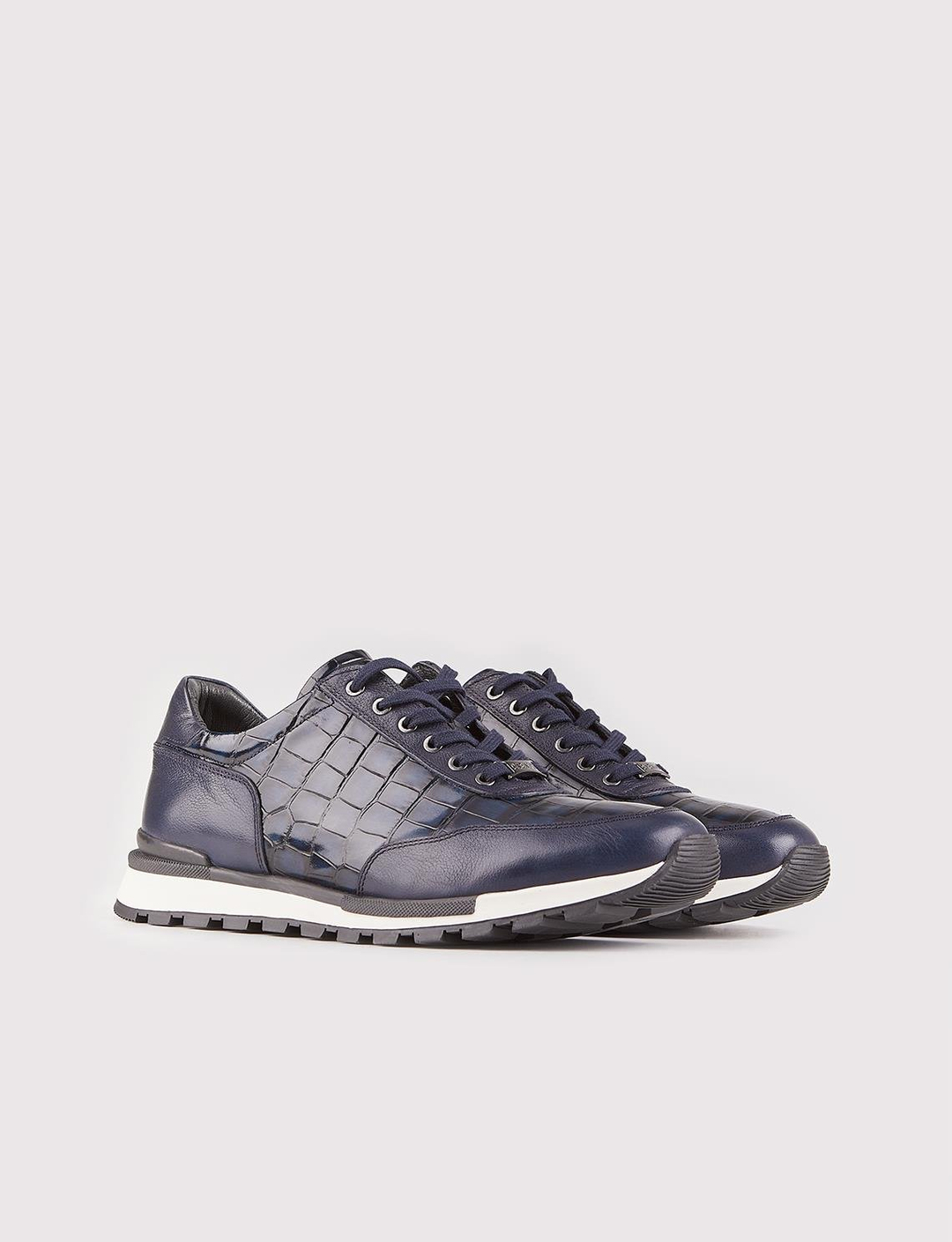 Men Navy Blue Genuine Leather Lace Up Sneakers