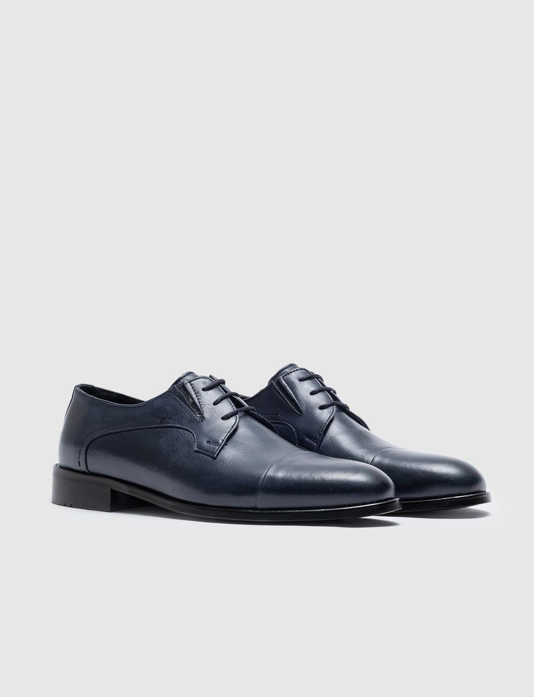 Men Navy Blue Genuine Leather Cap Toe Dress Shoes