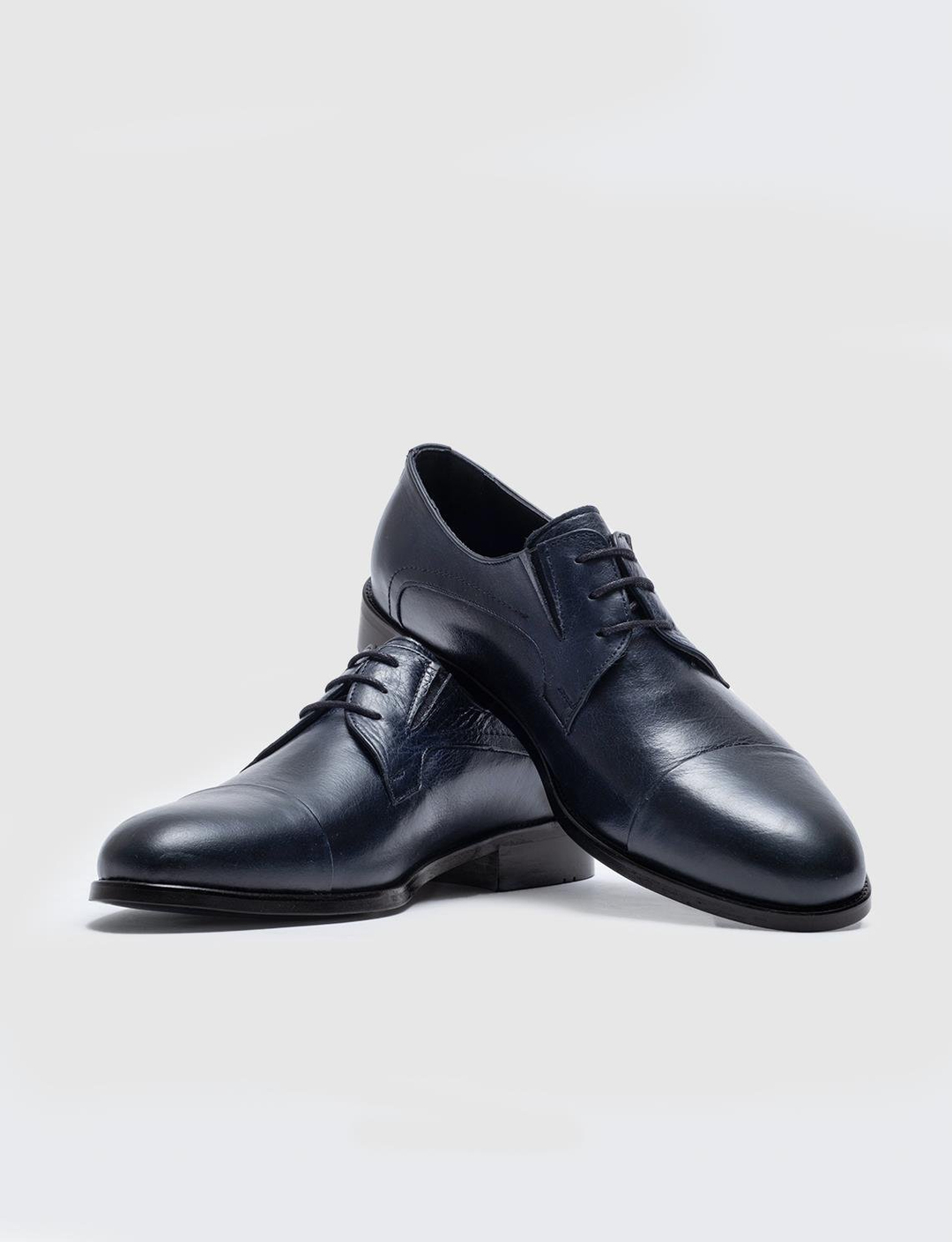 Men Navy Blue Genuine Leather Cap Toe Dress Shoes