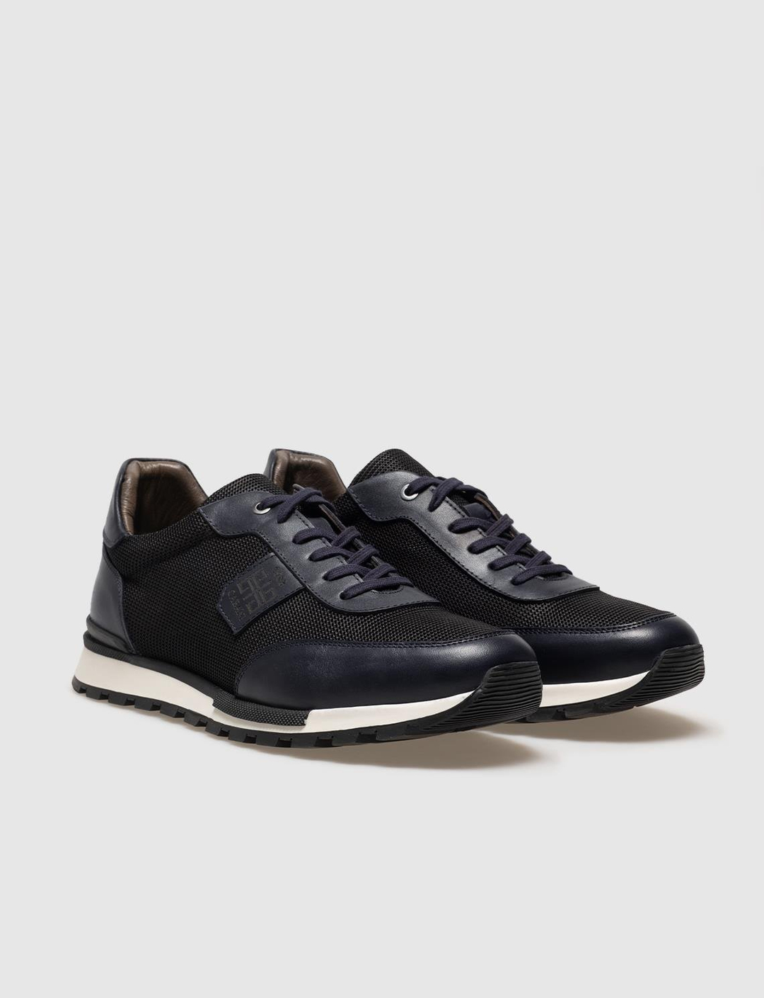 Men Navy Blue Genuine Leather Lace Up Sneakers