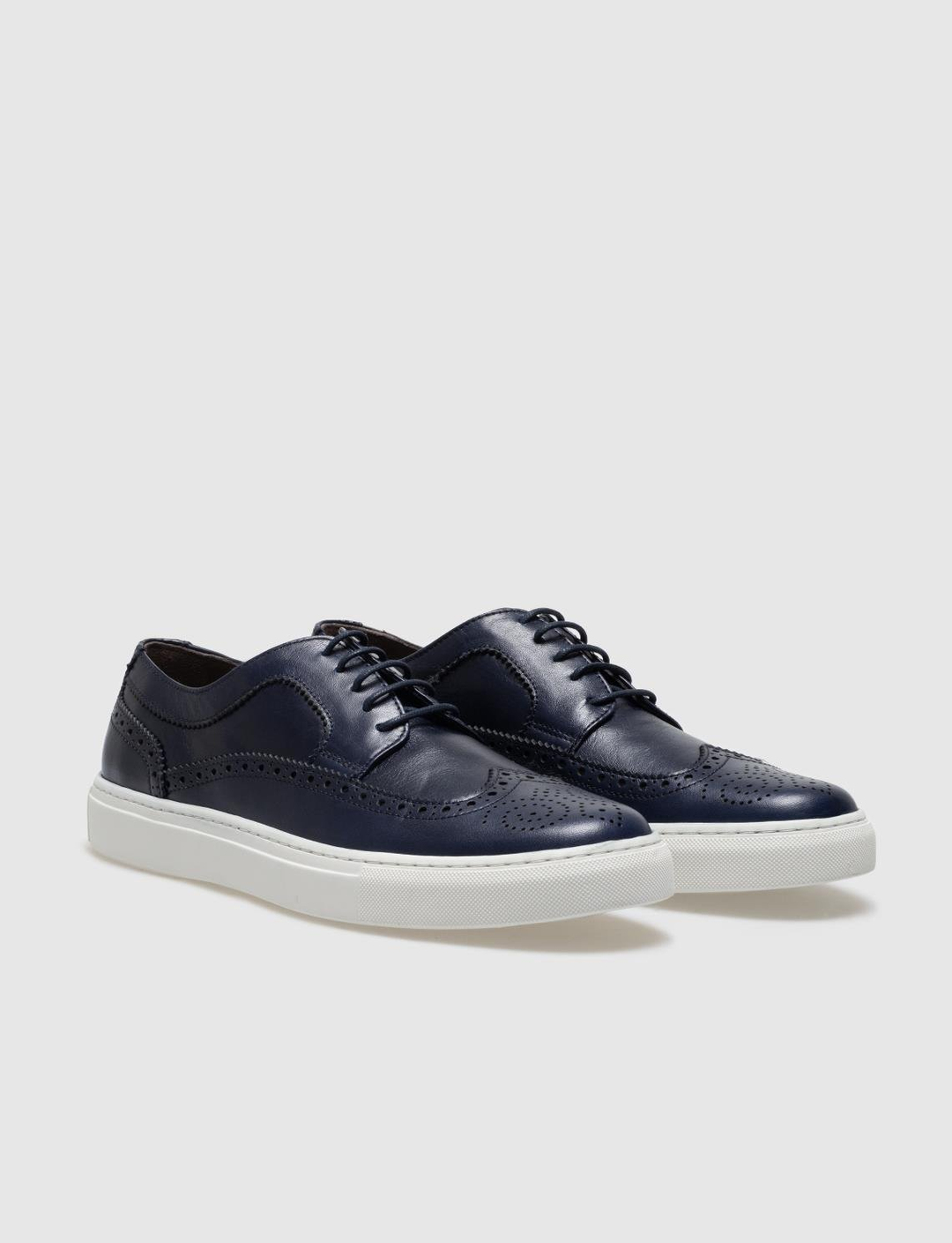 Men Navy Blue Genuine Leather Wing Tip Casual Shoes