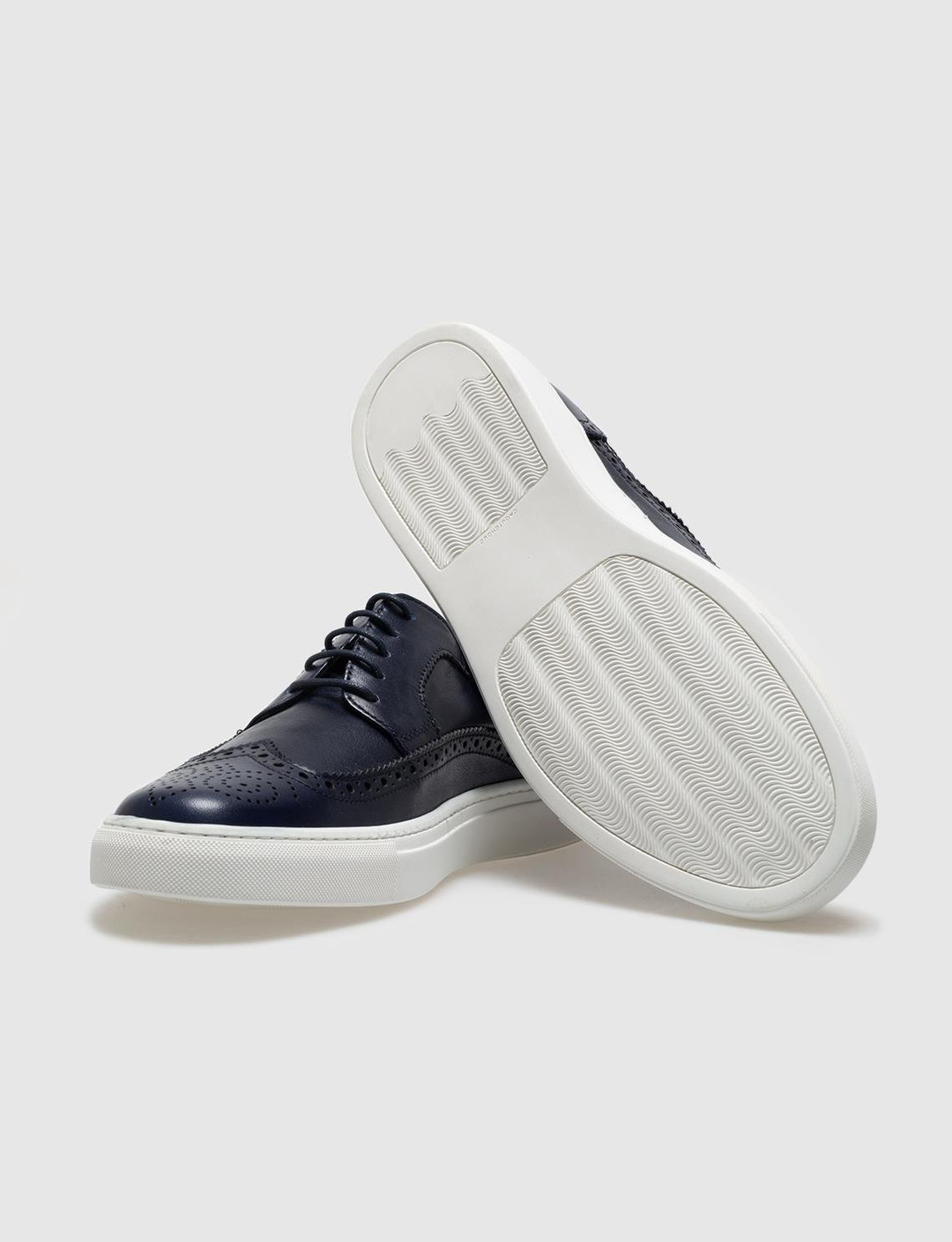 Men Navy Blue Genuine Leather Wing Tip Casual Shoes