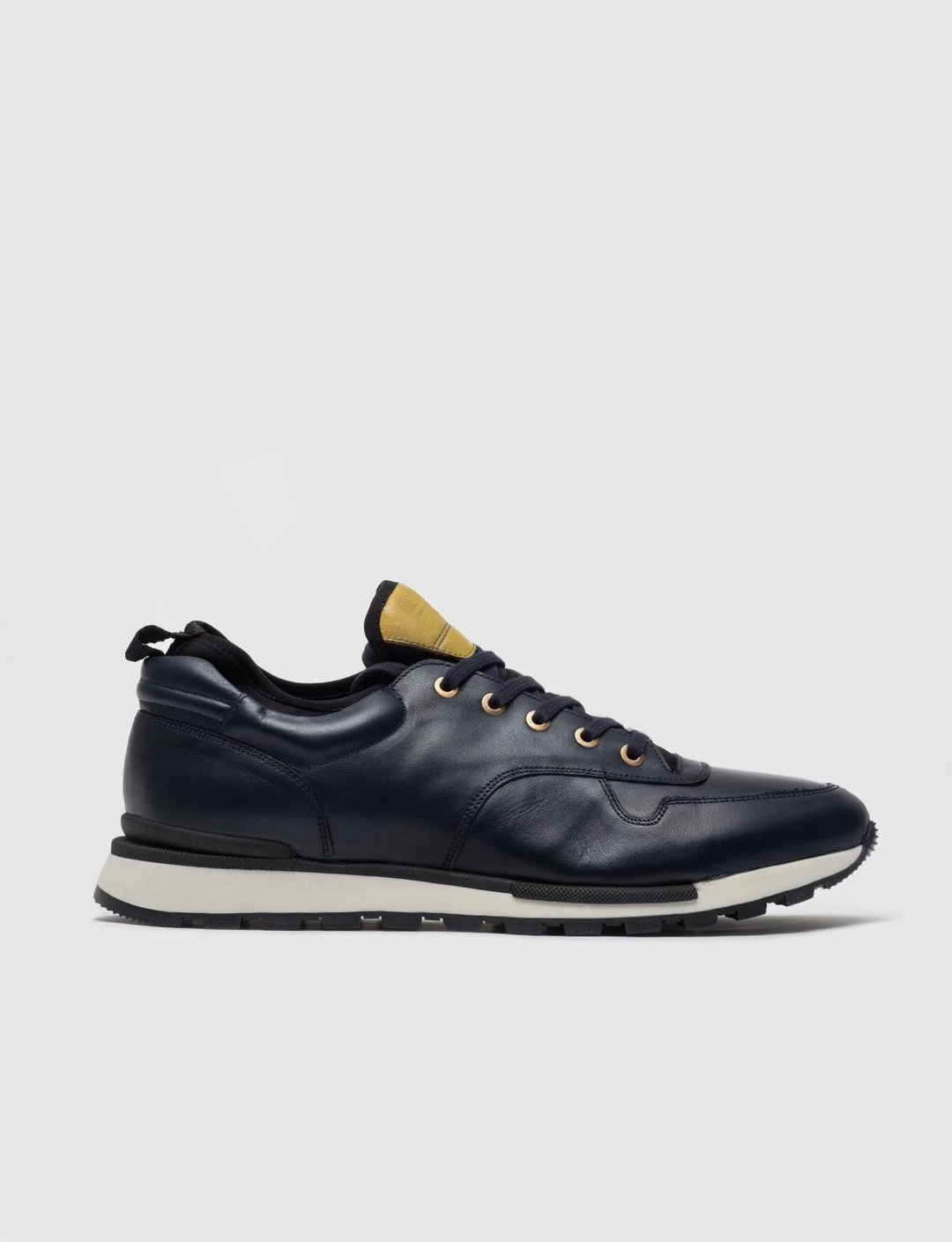 Men Navy Blue Genuine Leather Lace Up Sneakers