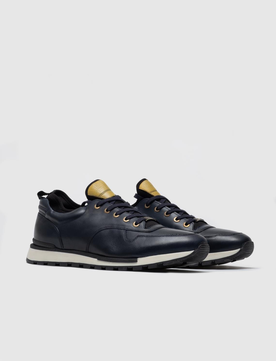 Men Navy Blue Genuine Leather Lace Up Sneakers