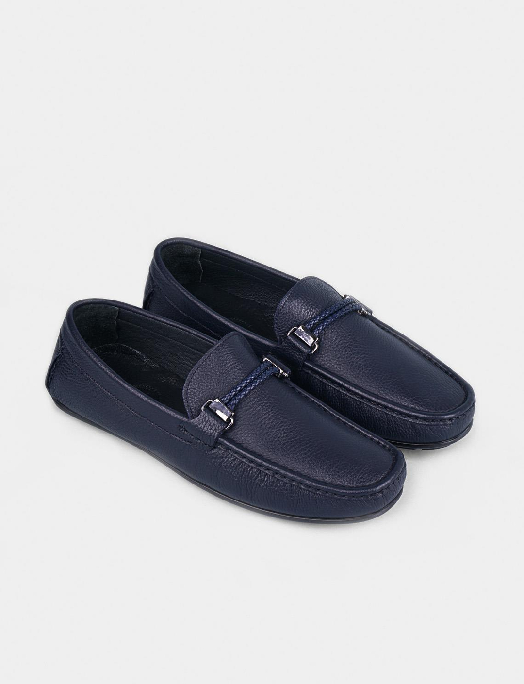 Men Navy Blue Genuine Leather Moc Toe Bit Loafers