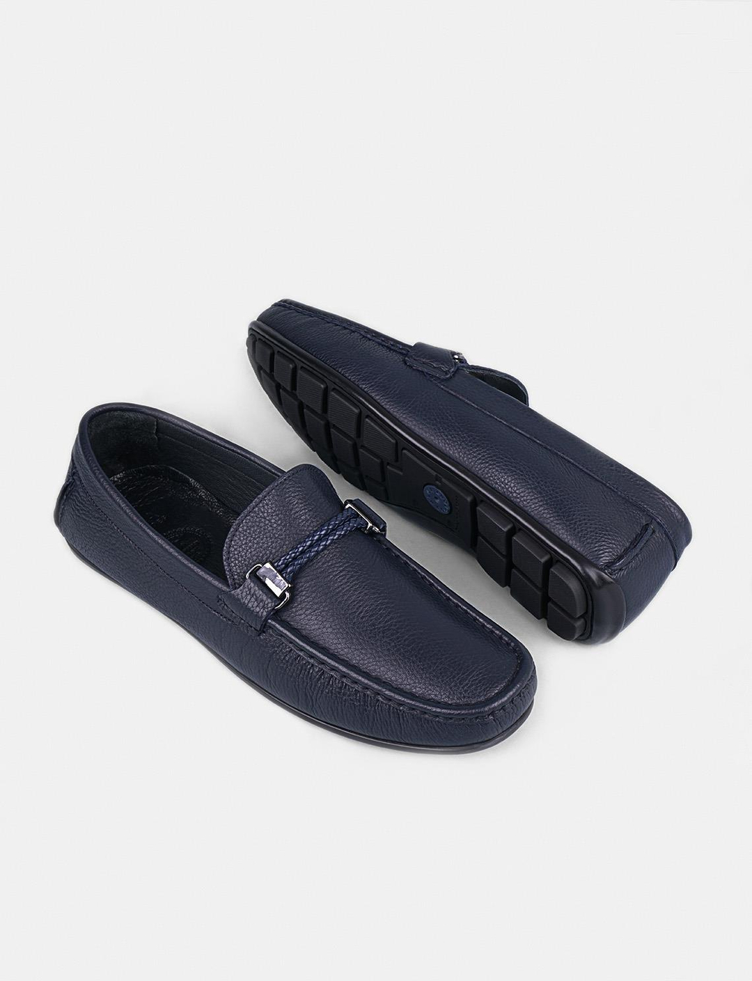 Men Navy Blue Genuine Leather Moc Toe Bit Loafers