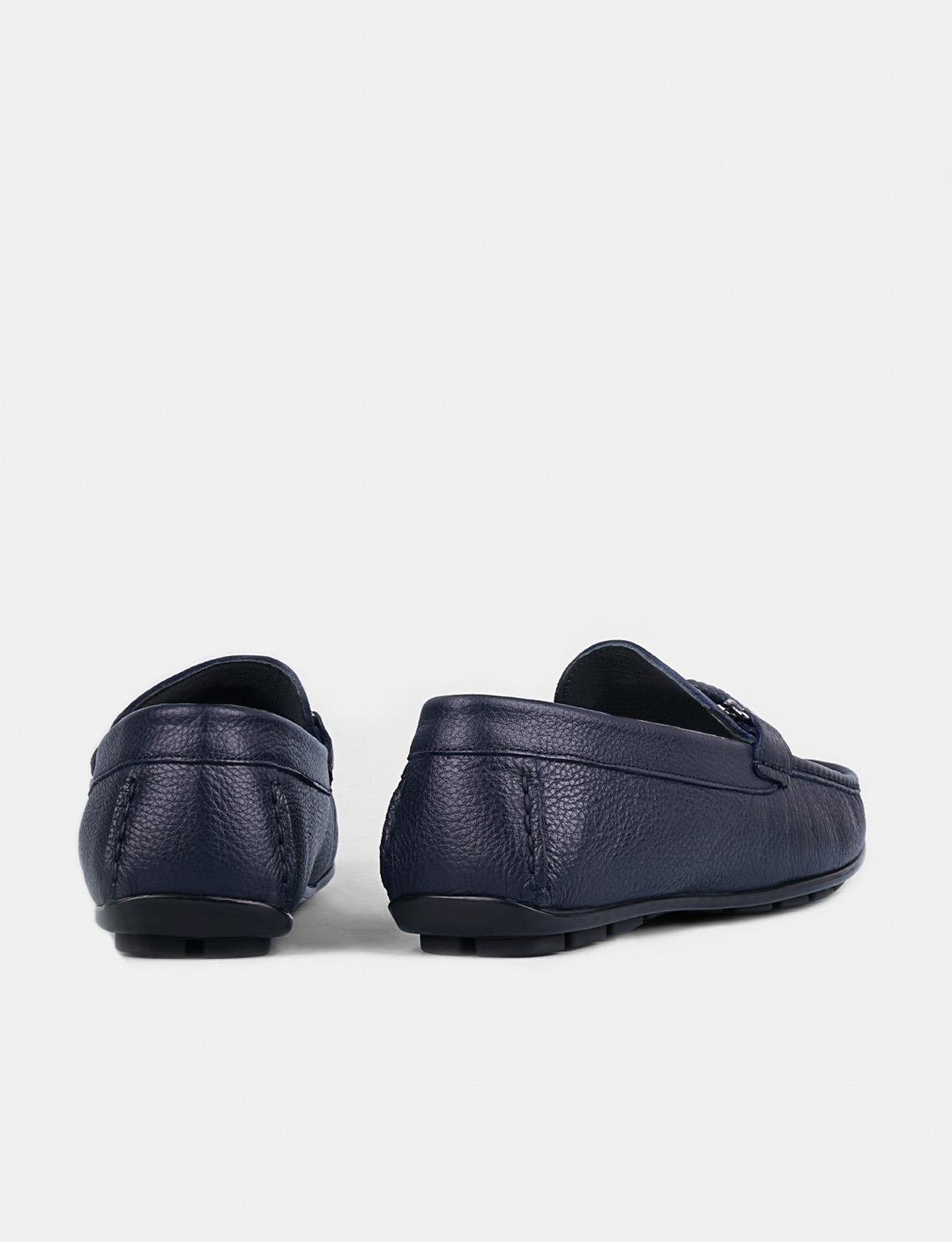 Men Navy Blue Genuine Leather Moc Toe Bit Loafers