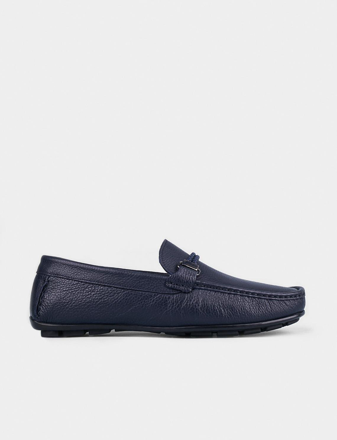 Men Navy Blue Genuine Leather Moc Toe Bit Loafers