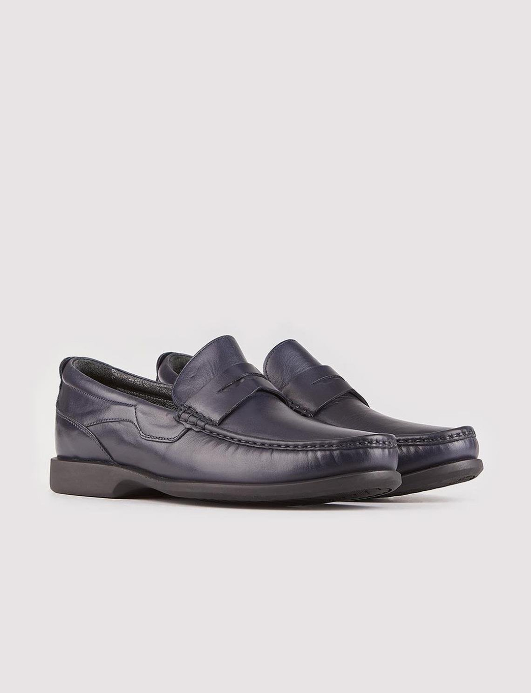 Men Navy Blue Genuine Leather Slip On Penny Loafers