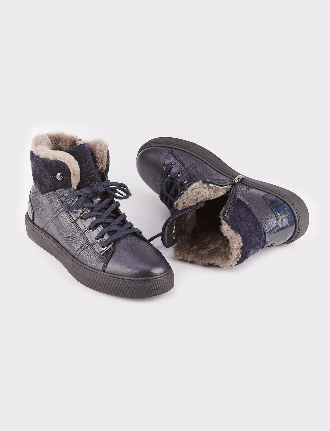Hakiki Deri Lacivert Kürklü Erkek Günlük Bot