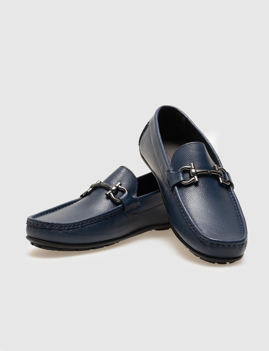 Men Navy Blue Genuine Leather Moc Toe Bit Loafers