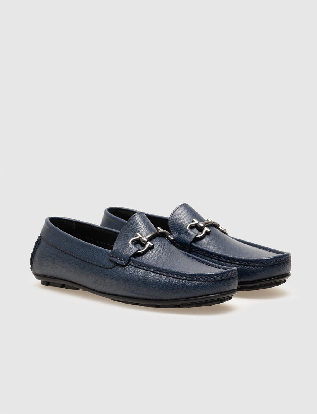 Men Navy Blue Genuine Leather Moc Toe Bit Loafers