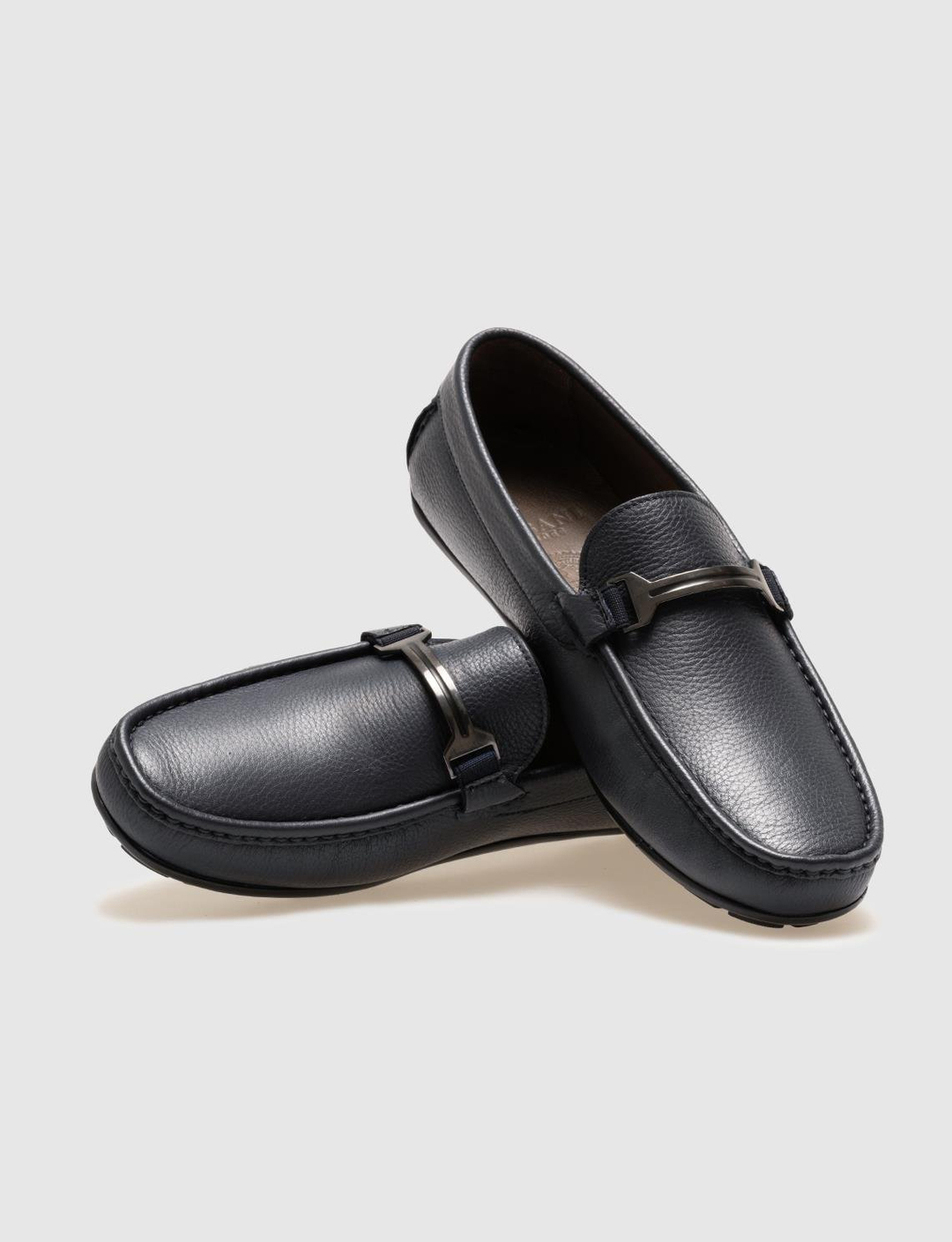 Men Navy Blue Genuine Leather Metal Decor Loafers