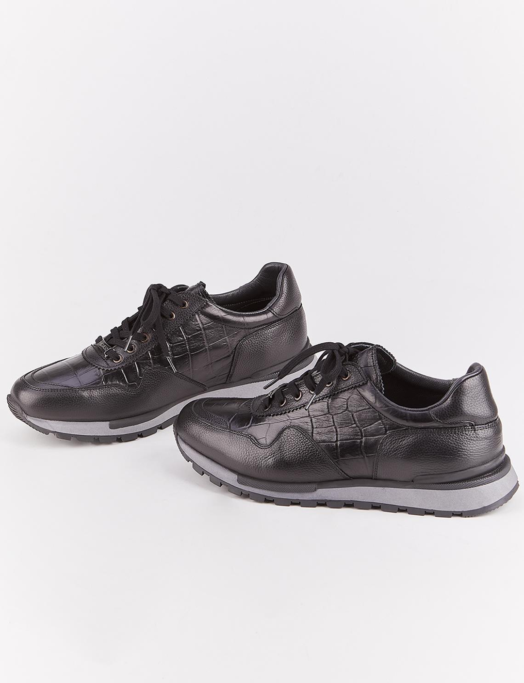 Hakiki Deri Siyah Bağcıklı Desenli Erkek Spor Ayakkabı