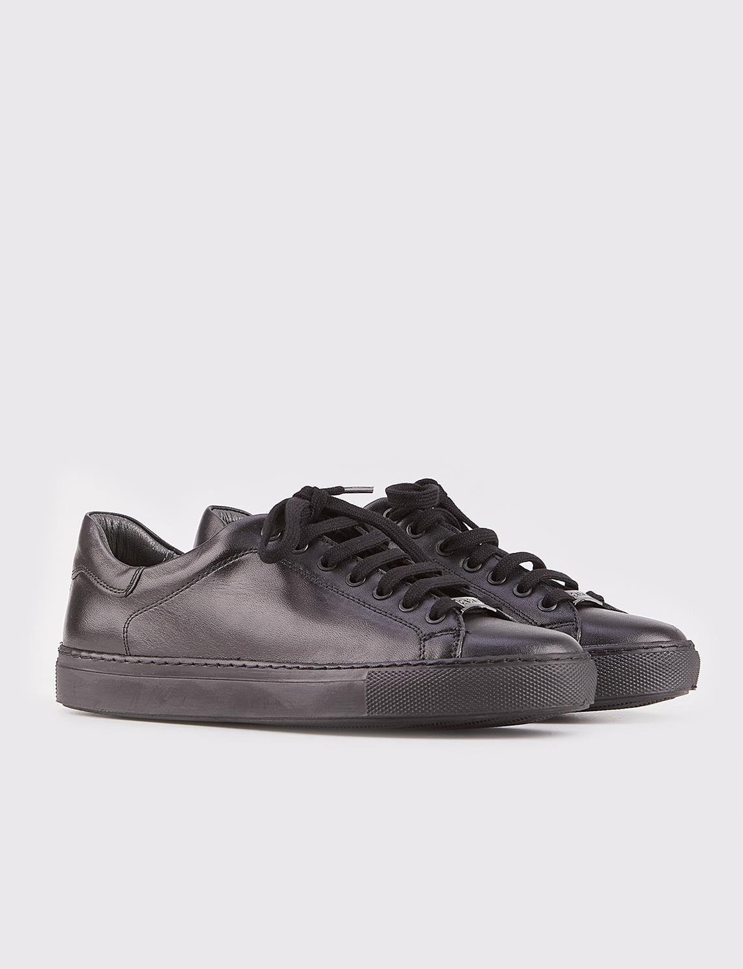 Women Black Genuine Leather Lace Up Sneakers