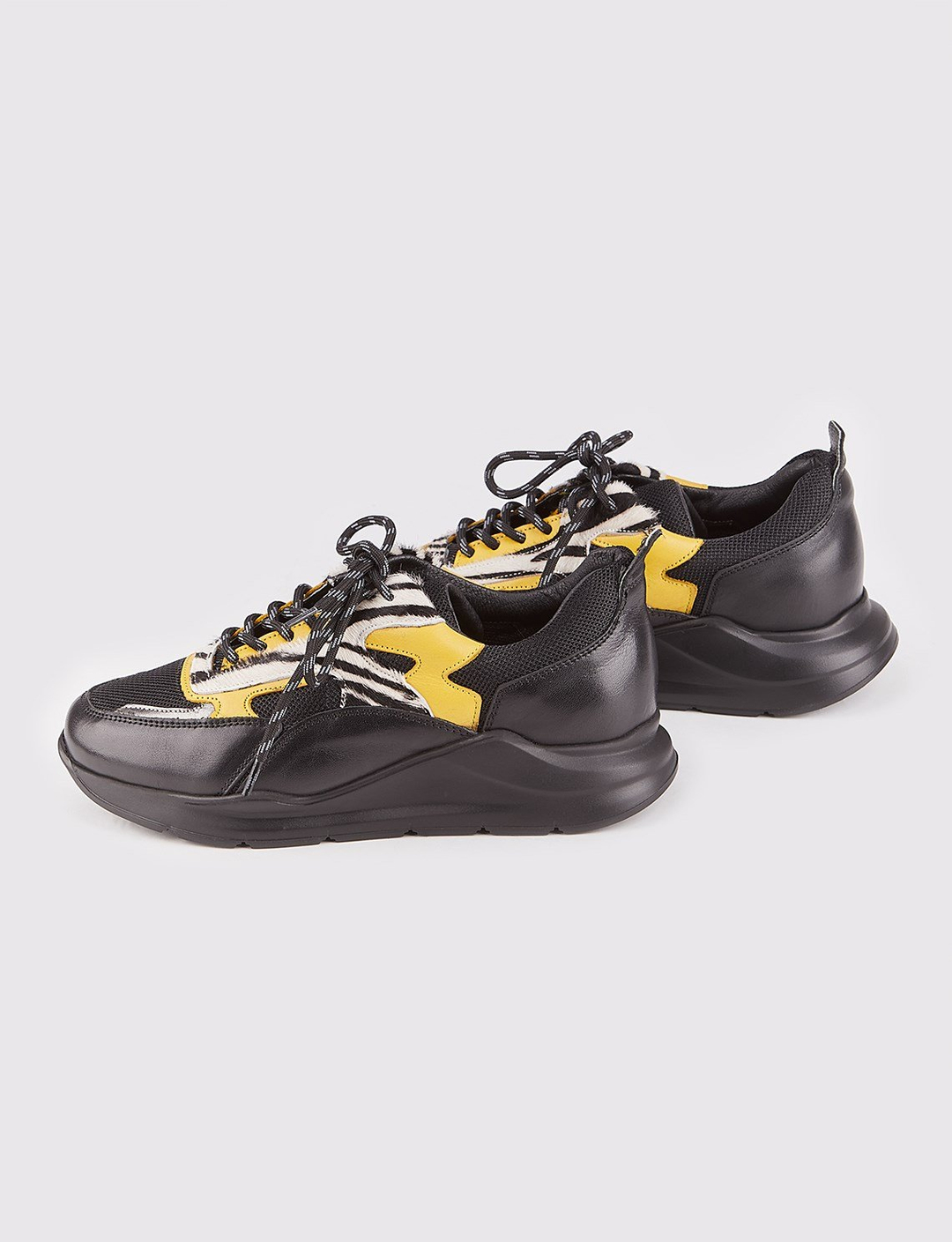 Women Black Genuine Leather Suede Lace Up Chunky Sneakers