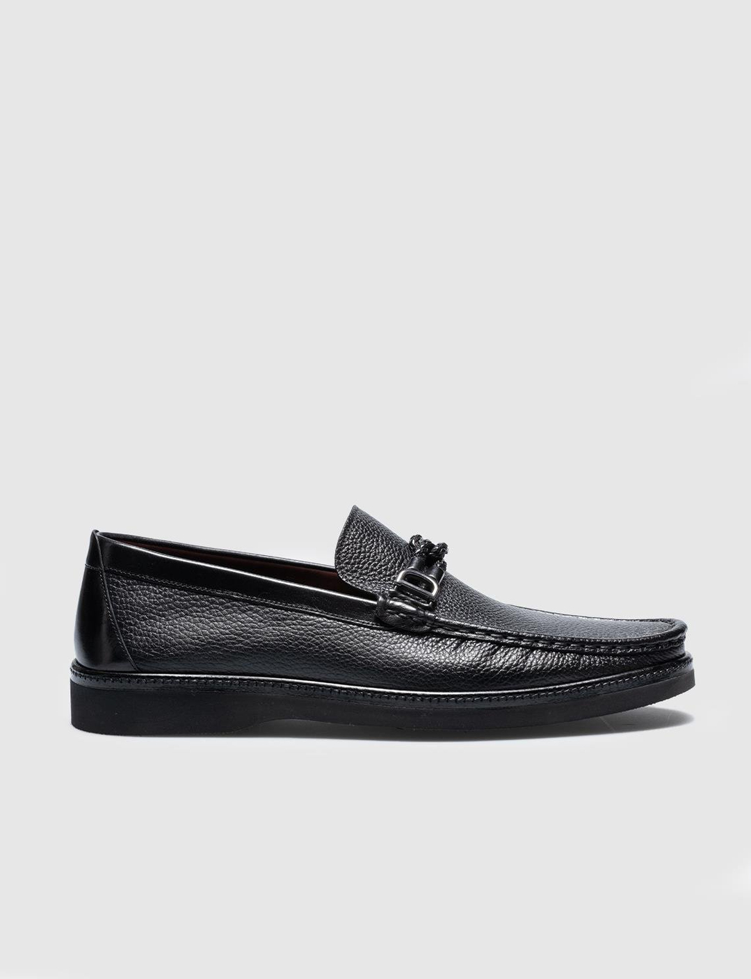 Men Black Genuine Leather Metal Decor Loafers