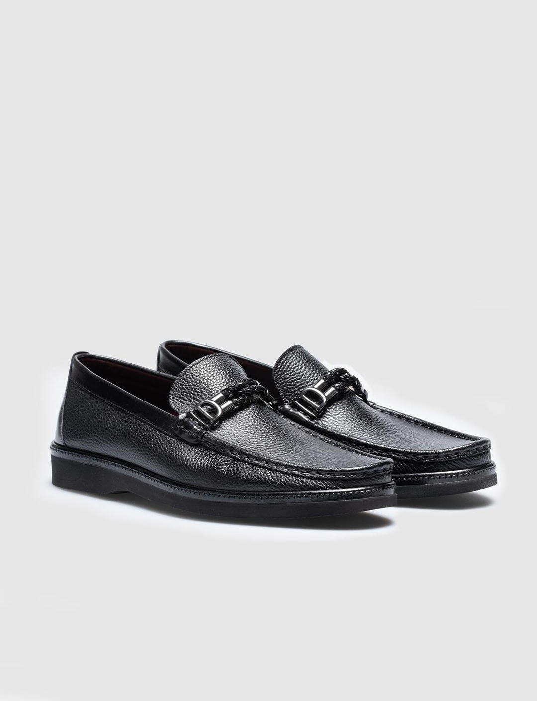Men Black Genuine Leather Metal Decor Loafers
