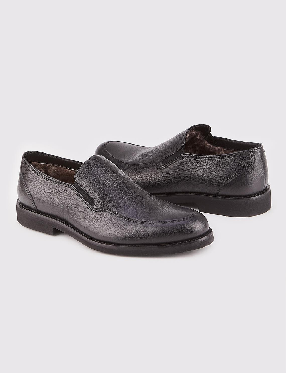 Men Black Genuine Leather Slip On Furry Shoes